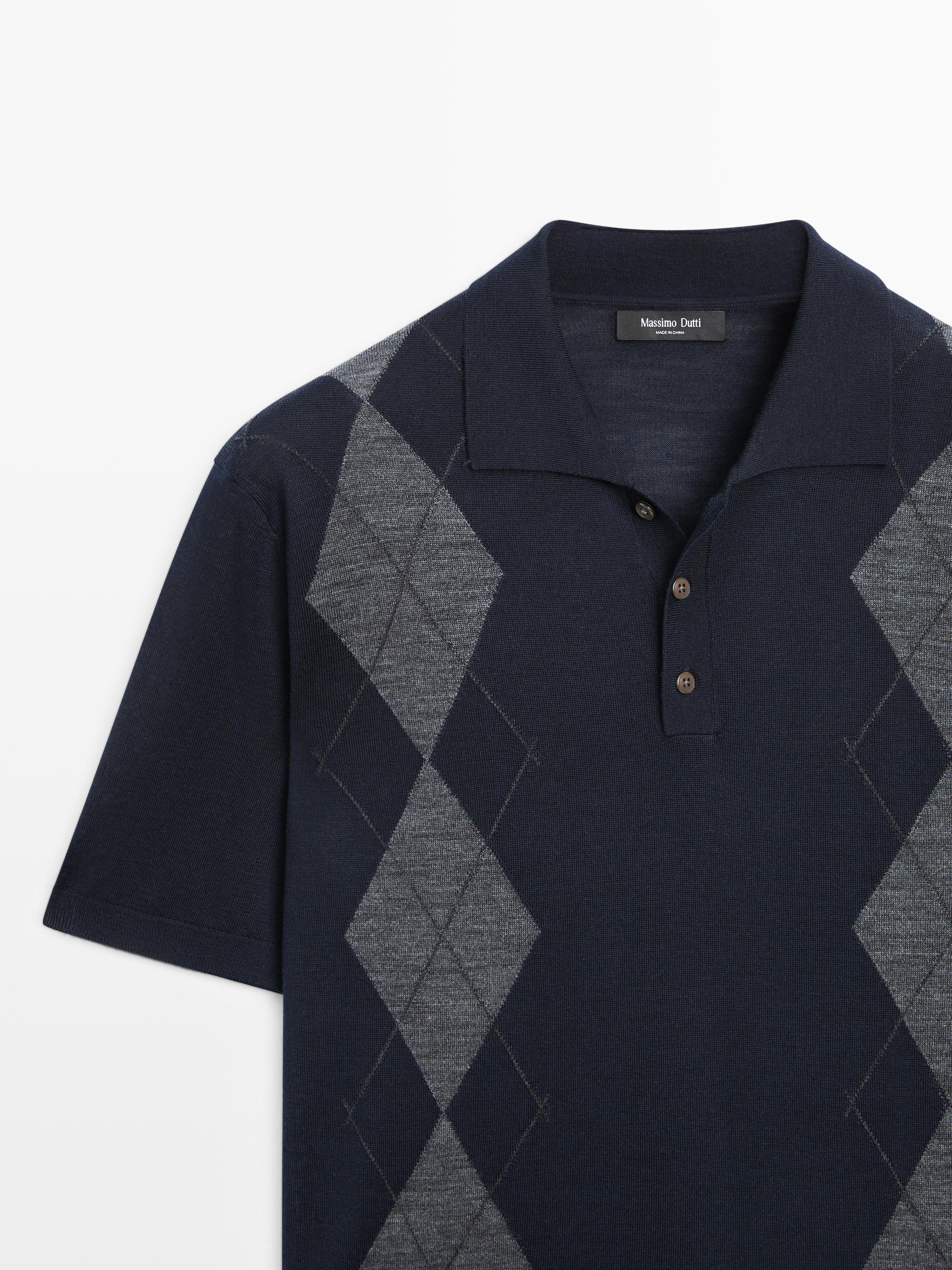 Merino wool blend argyle knit polo sweater